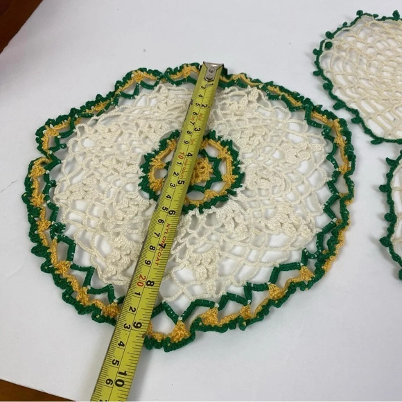 Vintage Lace Crochet Doily Cream Tan Bundle of Two Yellow Green Pink Floral - Picture 3 of 11